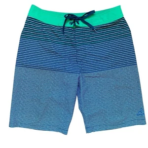 Prana Board Shorts Mens 32 Beach Swim Surf Blue Green Striped Tie Waist 9.5 Inch - Picture 1 of 7