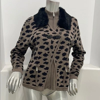Jamie Sadock Animal Print Fur Collar Layered Cardigan Sweater Brown Black Size M - Image 1 of 4