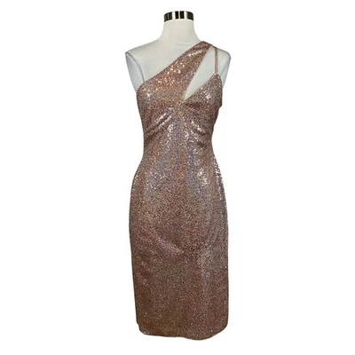 AQUA Women's Cocktail Dress Size 6 Gold Sequin One Shoulder Cut Out Midi Sheath - image 1 of 4