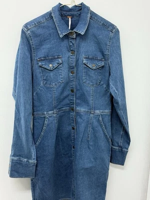 Free People Dynamite Denim Dress Mid-Wash Snap Front 90’s Western Casual, Size L - Image 1 of 4