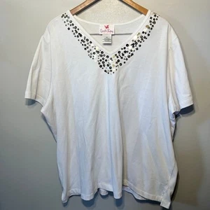 Quacker Factory Tunic White Knit Gold Sequin V Neck Summer Casual Comfy 3X - Picture 1 of 7