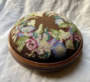 Vintage Round Footstool Embroidered Needlepoint Wood Floral used Foot Stool - Picture 1 of 10