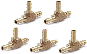 (5 Pack) 1/4" Hose Barb Brass Tee Fitting - Picture 1 of 3
