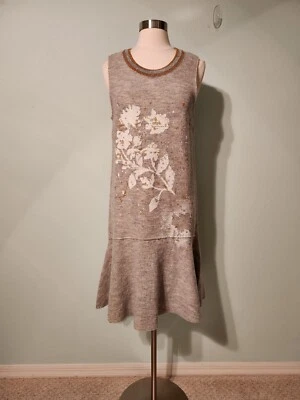 NWT Anthropologie Knitted & Knotted Gray Painted Floral Wool Drop Waist Dress M - Image 1 of 4