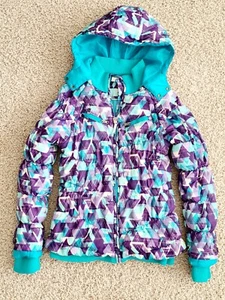 Roxy Hooded Ski Jacket Girls Size 14/XL Insulated Blue Purple Geo Print - Picture 1 of 7