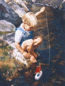Maiden Voyage by Tom Sierak Art Print Little Boy Sailboat River Poster 11x14 - Picture 1 of 1