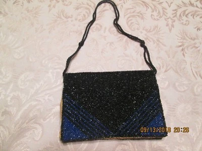 SMALL ANTIQUE BLACK & BLUE BEADED & SILK EVENING HANDBAG W/MIRROR & COIN PURSE - Image 1 of 4