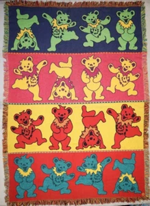Vintage 90s Grateful Dead Vintage Blanket Tapestry Dancing Bears Trippy 67x47" - Picture 1 of 2