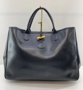 Longchamp Large Tote Bag Black Leather Plain Handbag Logo One Point Used Japan - Picture 1 of 8