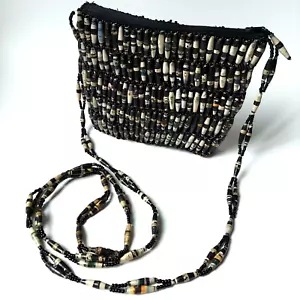 Beaded Crossbody Purse Small Boho Shoulder Bag Wood Beads Black White Tan - Picture 1 of 8