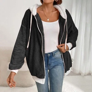 Women's Fashionable Solid Color Coat Long Sleeved Zipper Loose Hooded Plush - Picture 1 of 11