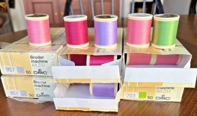BOX DMC Machine Embroidery Thread Pinks:  601, 892, 894, 957, Green 703, Lav 210 - Image 1 of 2