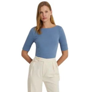 Lauren Ralph Lauren Petite Ribbed Elbow-Sleeve Top in Pale Azure Blue, Size PS - Picture 1 of 5