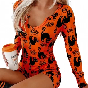 Halloween BOO Negro Gato Body Ropa de Salón PJ Cuello en V Mono Talla XL/12 - Imagen 1 de 4