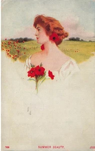 HÜBSCHE FRAU ROTE BLUMEN VOR FELD SOMMERSCHÖNHEIT 1908 POSTKARTE 111425 U - Bild 1 von 2
