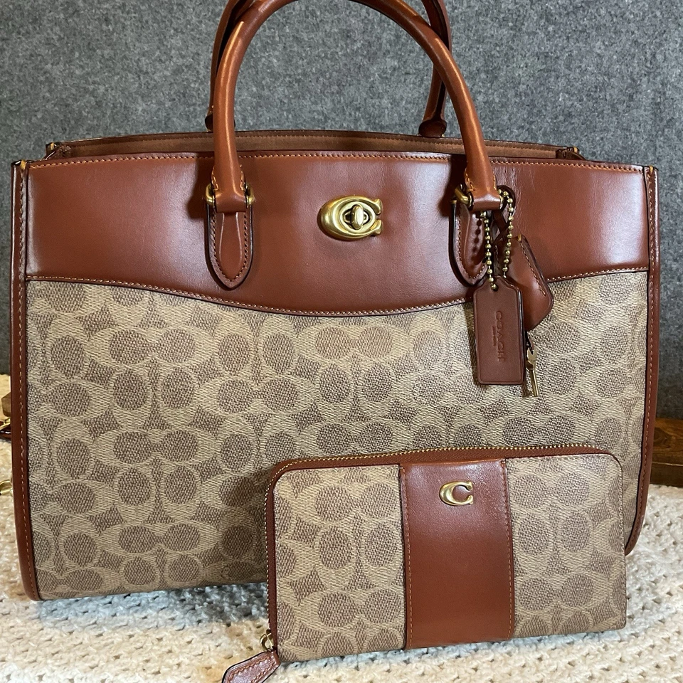 COACH Signature Canvas Leather Brown Tan Multi BROOKE Carryall Purse & Wallet - Image 1 of 4