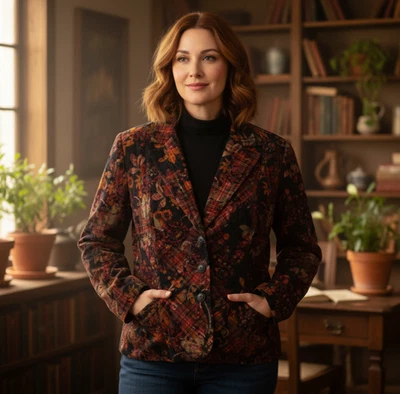 Blazer Coldwater Creek Tapiz Floral a Cuadros 16 Marrón Algodón Oficina Otoño Acogedor Foto 1 de 4