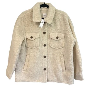 NWT Gap Sherpa Shirt Jacket Womens L Ivory Beach Pebble Beige Soft Cozy Lodge - Picture 1 of 19