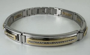 10k Yellow Gold + Diamonds Stainless Steel Bracelet 8" Snap-Lock Unisex 36.7g - Picture 1 of 13