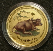 2009 Australia $15 Dollars Lunar Year of the Ox 1/10 oz 9999 Gold Coin Colorized