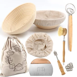 2x22cm Round Bread Proofing Basket Kit Bannetons Dough Scraper Whisk Brush - Picture 1 of 8