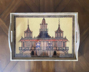 Rare Annie Modica Asian Chinoiserie Pagoda Wood Lacquer Serving Tray 21'' x 15'' - Picture 1 of 23