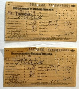 BROTHERHOOD OF RAILROAD TRAINMEN 2 1941 MT TACOMA LODGE DUES RECEIPTS WASHINGTON - Picture 1 of 2