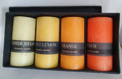 4 Vintage pillar shaped Aromatic candles, Melon, Lemon, Orange and Peach in box - Image 1 of 4