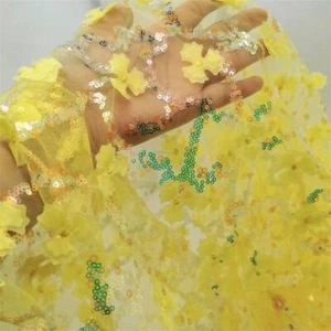Yellow 3D Petals Embroidery Tulle Lace Fabric Sequined Lace for Princess Dress - Picture 1 of 7
