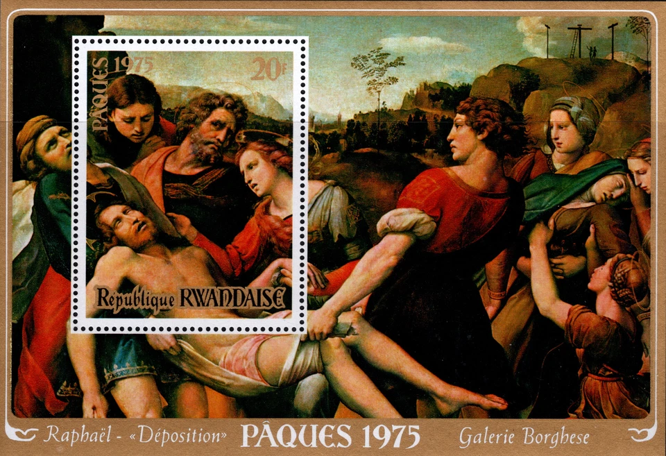 RWANDA 1975 PÁSCOA POR RAPHAEL-THE DEPOSITION PINTURA, FOLHA DE LEMBRANÇA SC 624 MNH - Imagem 1 de 3