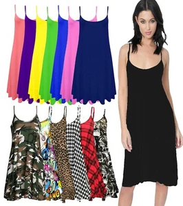 New Women's Ladies Camisole Flared Skater Strappy Vest Top Swing Dress UK 8-26 - Picture 1 of 34