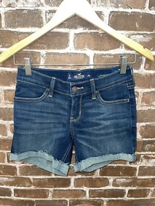 HOLLISTER WOMENS 0 DENIM SHORTS LOW RISE 5" MIDI ADVANCED STRETCH DARK WASH BLUE - Picture 1 of 2