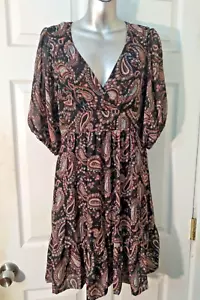 Betsey Johnson Women Dress 4 Black Paisley 3/4 Sleeve Mini Lined EUC - Picture 1 of 5