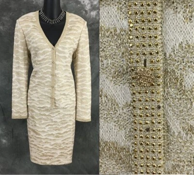 BEAUTIFUL St John evening knit ivory gold rhinestones embellished skirt suit 8 - Image 1 of 4