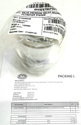 Sistema de filtragem de óleo GE Wind Logistics 444W9790P001 válvula alívio de pressão caixa de engrenagens. - Imagem 1 de 4