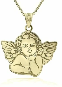 Personalized Name 10k 14k Solid Gold Cherub Guardian Angel Pendant Necklace  - Picture 1 of 6
