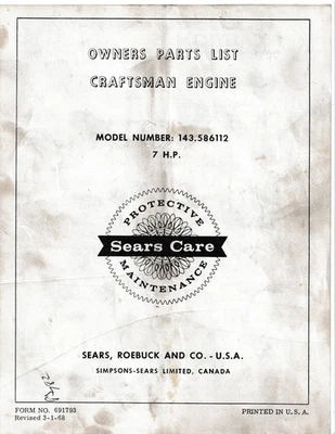 MOTOR DE 4 CICLOS SEARS CRAFTSMAN 7 HP Modelo 143.586112 1968 LISTA DE PIEZAS DEL PROPIETARIO Foto 1 de 3