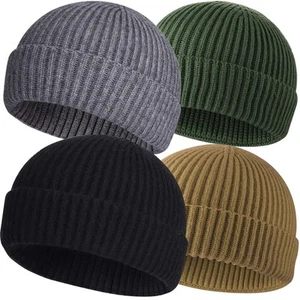 4pcs Wool Fisherman Beanies for Men, Knit Short Watch Cap Winter Warm Hats - Picture 1 of 9