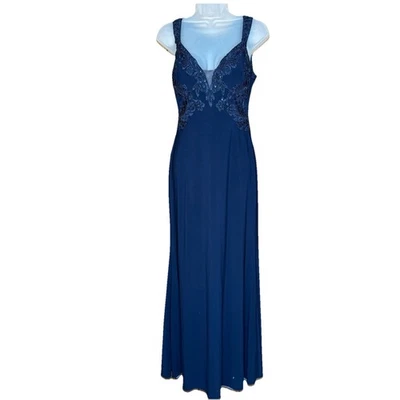 Betsy & Adam Gown Womens 2 Navy Embroidered Embellished Whimsigoth Formal Gala - Image 1 of 4
