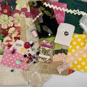 Slow Stitch Pink Green Yellow Kit Embroidery Vintage Trim Lace Floss Scrap Craft - Picture 1 of 9