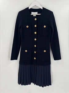 Adrienne Vittadini Vintage Dress Womens Medium Blue 100% Wool Buttons Pleated - Picture 1 of 13