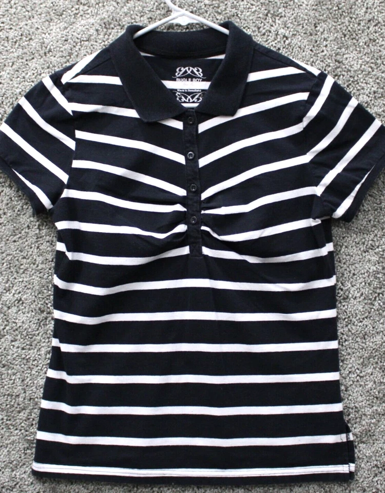 Bugle Boy for Her Polo Shirt - Women’s Medium Black White Stripe Blouse - Image 1 of 4