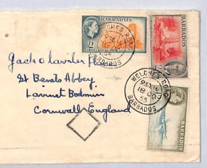 BARBADOS QEII KGVI MIXED REIGNS Cover WELCHES ROAD 1955 CDS 12c FLYING FISH ZV94