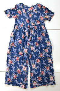 Vintage La Cera 100% Rayon Blue Pink Pocket Floral One Piece Jumpsuit Romper L