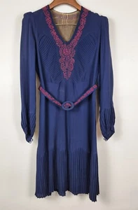 Rare French Vintage 1920s 1930s Checked Crepe Navy Dress Belt Mint S 10 Gatsby - Picture 1 of 10
