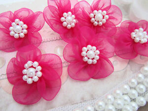 50 Organza Sheer Ribbon Flower Bow/Pearl Bead Trim/craft/Fuchsia F5-Hot Pink