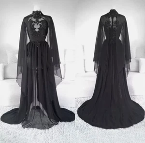 Black Gothic Wedding Dresses Long Sleeves Illusion Lace Applique Bridal Gowns - Picture 1 of 12
