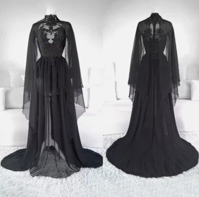 Black Gothic Wedding Dresses Long Sleeves Illusion Lace Applique Bridal Gowns - Image 1 of 4