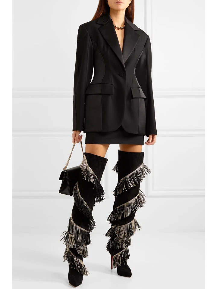 RARE Christian Louboutin Bolcheva 120 Black Gold Fringe Thigh High Boot - Image 1 of 4