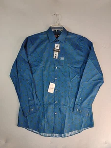 J Ferrar Mens Shirt Large Blue Slim Stretch Easy Care Medallion Button Up - Picture 1 of 8